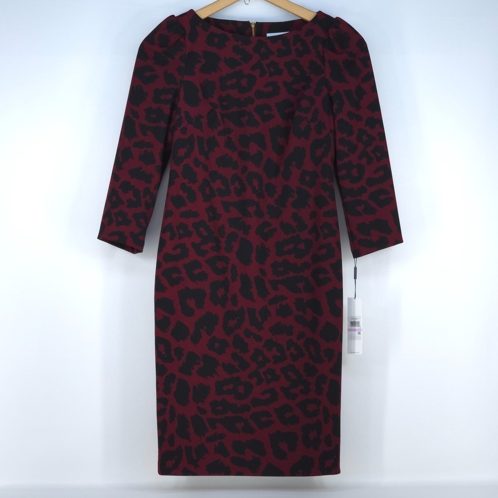 Calvin Klein Leopard Print Sheath Dress Women 6 Red Black Office Mobwife NWT